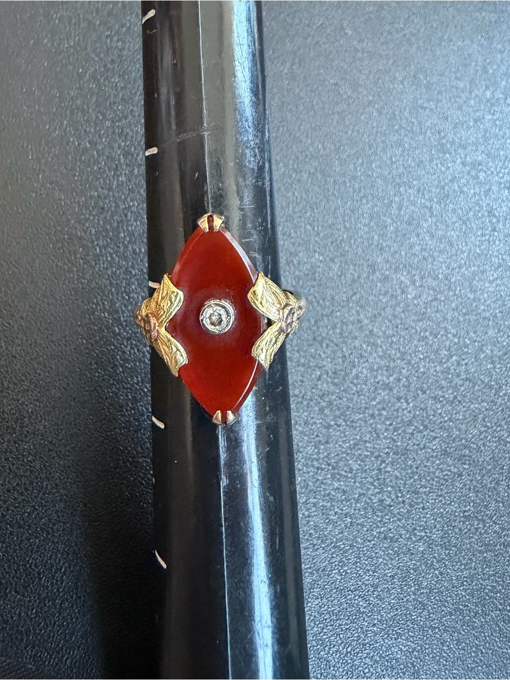 1920’s 10K yellow & rose Gold Marquise Carnelian + Diamond Ring w/ bow flourish